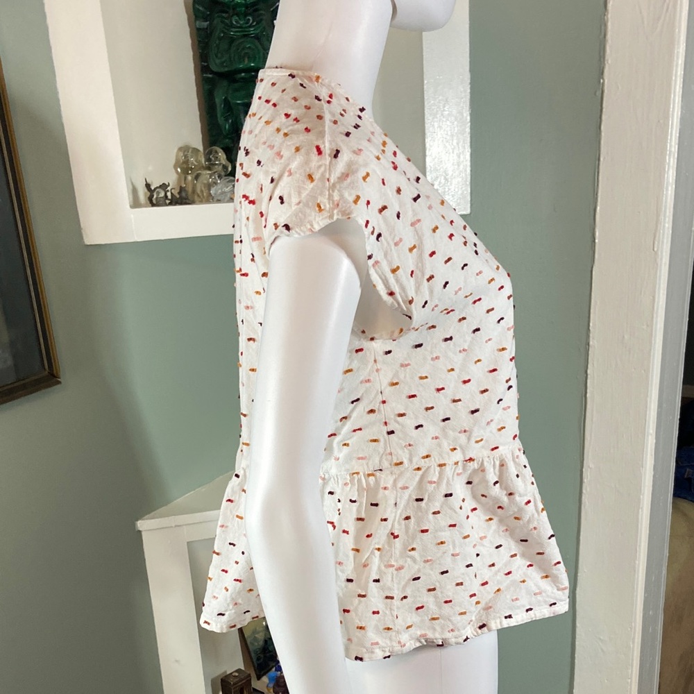 Madewell White Crossover Top Blouse Peplum clip dot cotton Medium M Ruffle Hem - Picture 7 of 12
